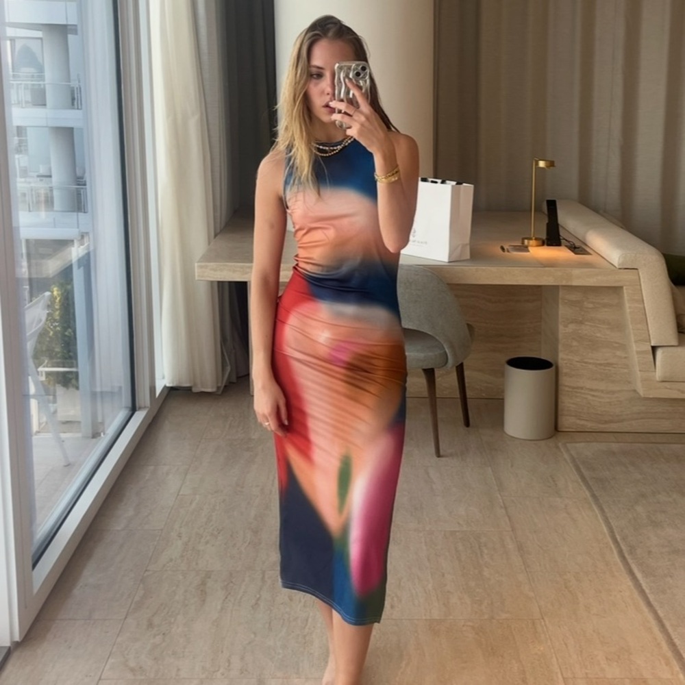 Kendall Jenner Tie Dye Midi Body Con Dress with Slit
